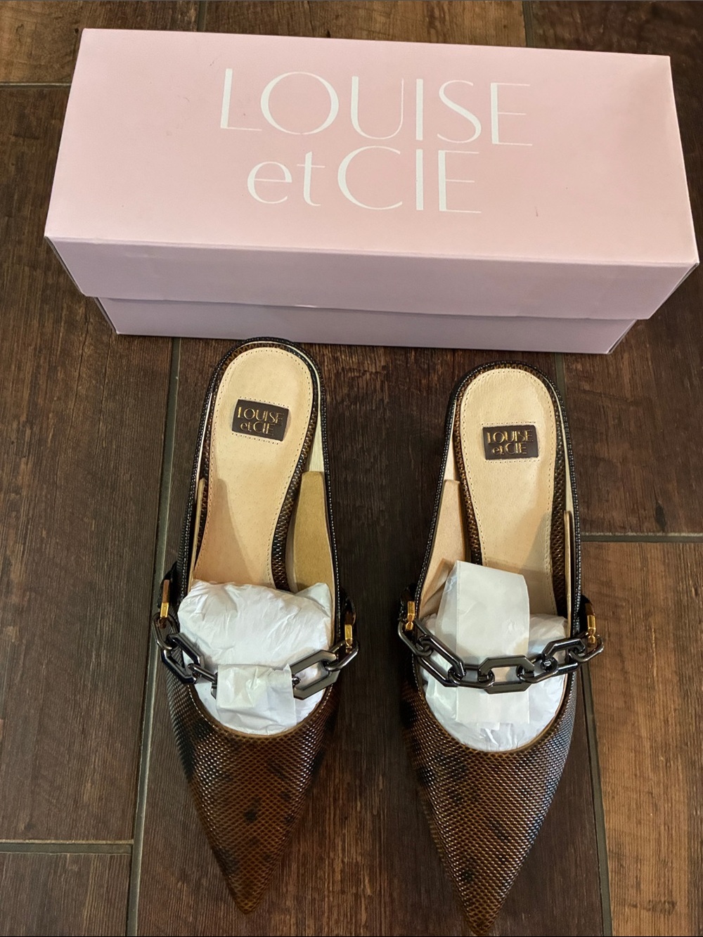 Louise et Cie Brown Snakeskin-Effect Pointed Mules with Chain Trim